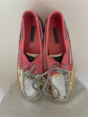 Sperry Coral Canvas Boat Shoes with Gold & Silver Sequins